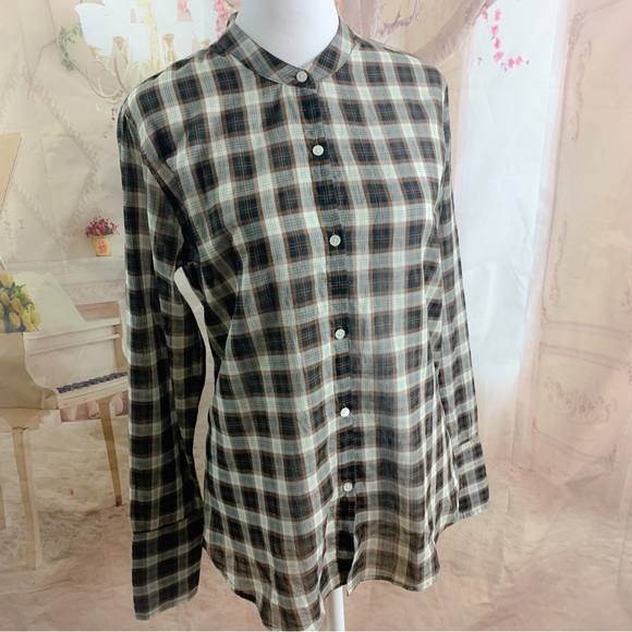 Nili Lotan Judith Mocha Plaid Cotton Button Down Shirt - Picture 6 of 12